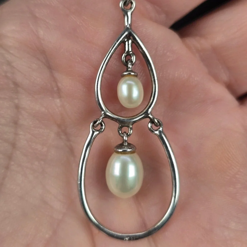 Sterling Silver 925 Double Teardrop Dangle Pearl Pendant Rope Chain Necklace 16